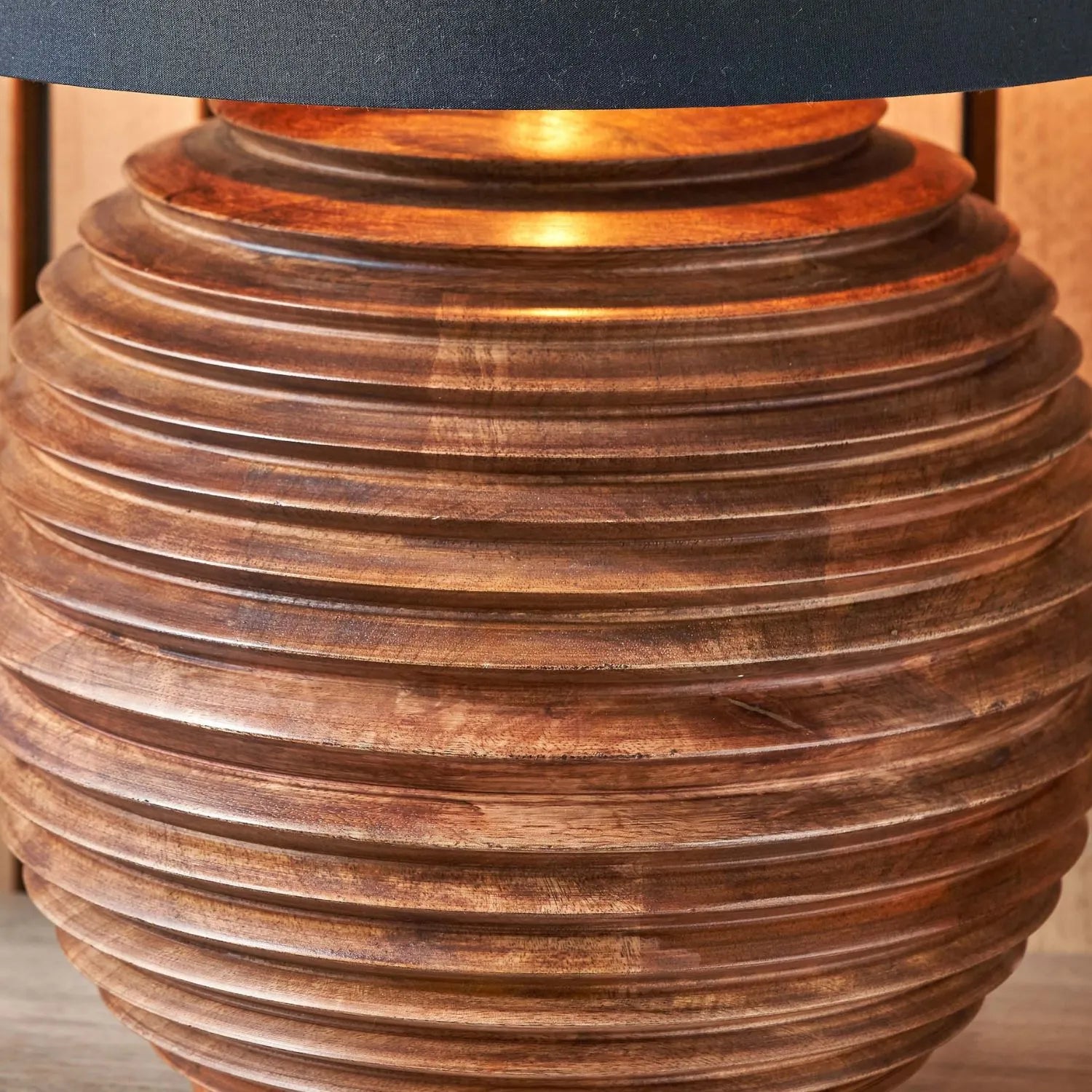 Large Rustic Brown-Washed Mango Wood Table Lamp Base with Hand-Turned Sculpted Tiers – Rounded Wooden Light Base 38x30x30cm - Click Style