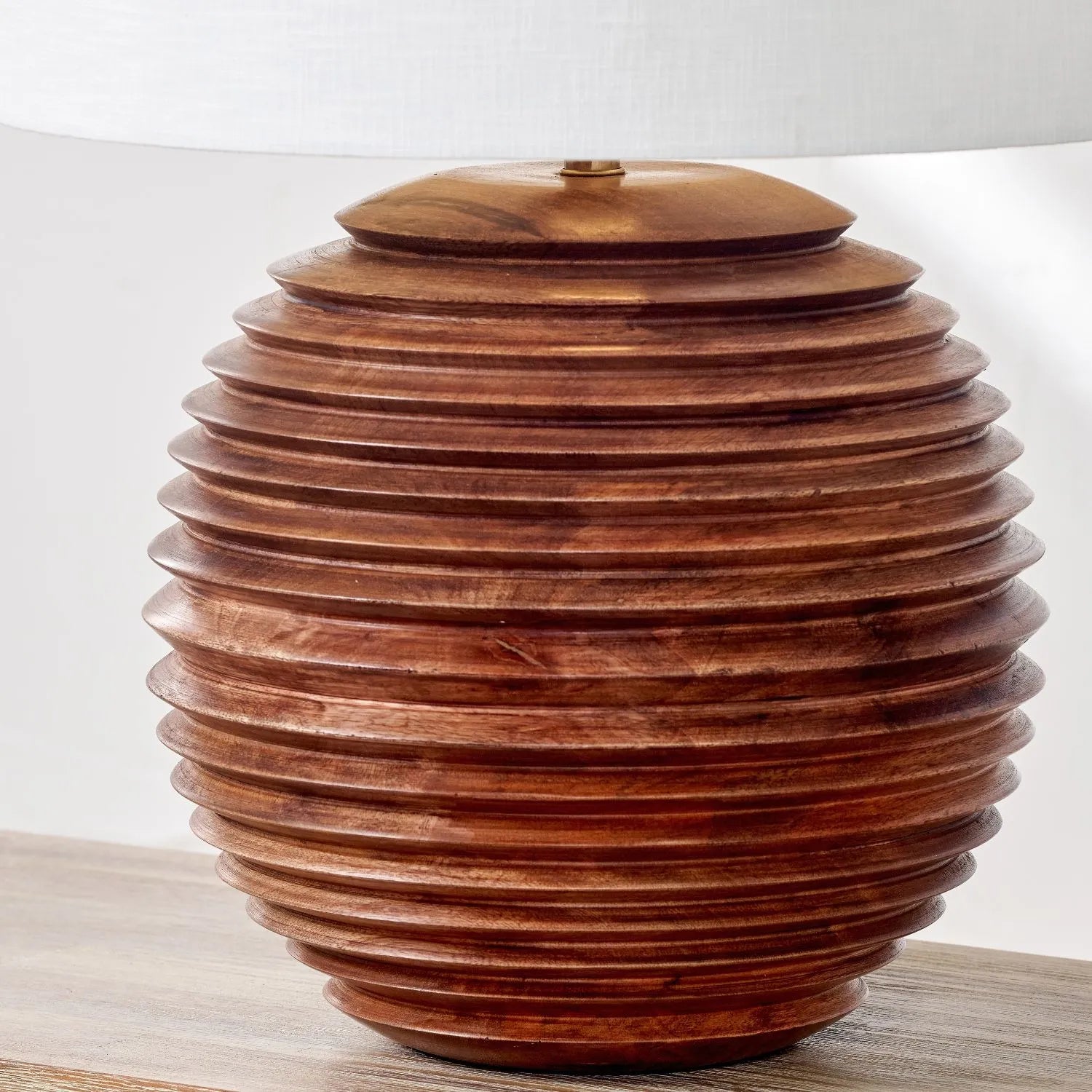 Large Rustic Brown-Washed Mango Wood Table Lamp Base with Hand-Turned Sculpted Tiers – Rounded Wooden Light Base 38x30x30cm - Click Style
