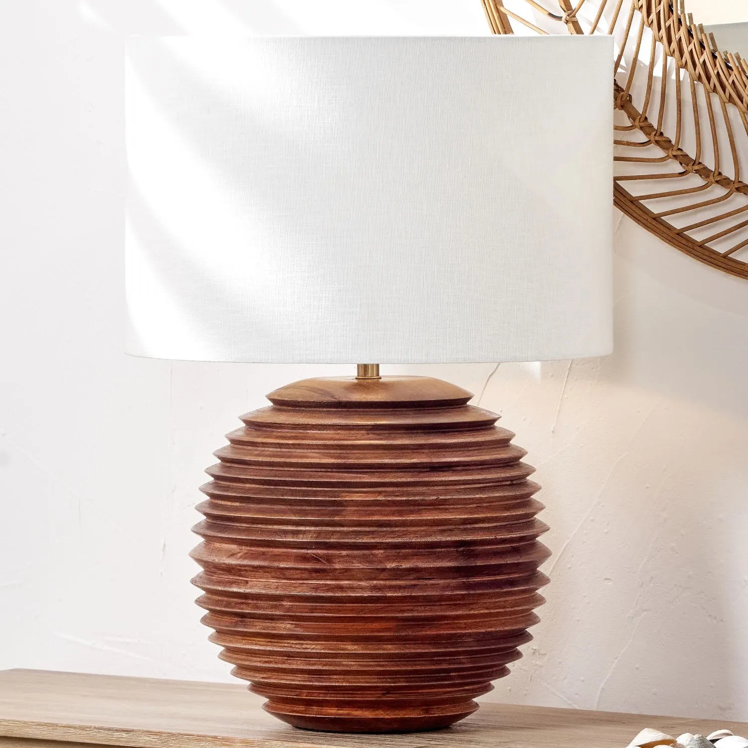 Large Rustic Brown-Washed Mango Wood Table Lamp Base with Hand-Turned Sculpted Tiers – Rounded Wooden Light Base 38x30x30cm - Click Style