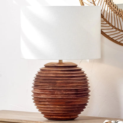 Large Rustic Brown-Washed Mango Wood Table Lamp Base with Hand-Turned Sculpted Tiers – Rounded Wooden Light Base 38x30x30cm - Click Style