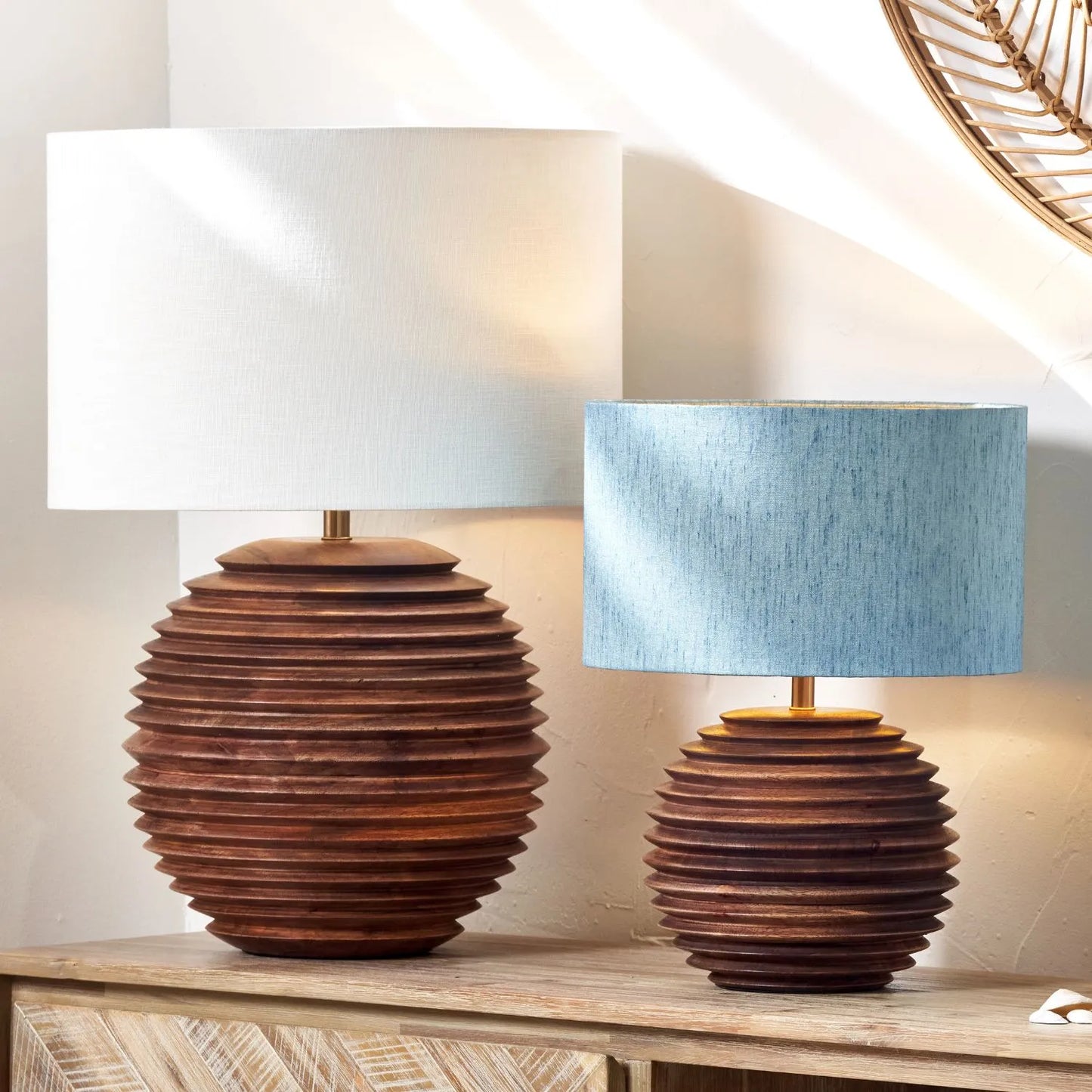Large Rustic Brown-Washed Mango Wood Table Lamp Base with Hand-Turned Sculpted Tiers – Rounded Wooden Light Base 38x30x30cm - Click Style