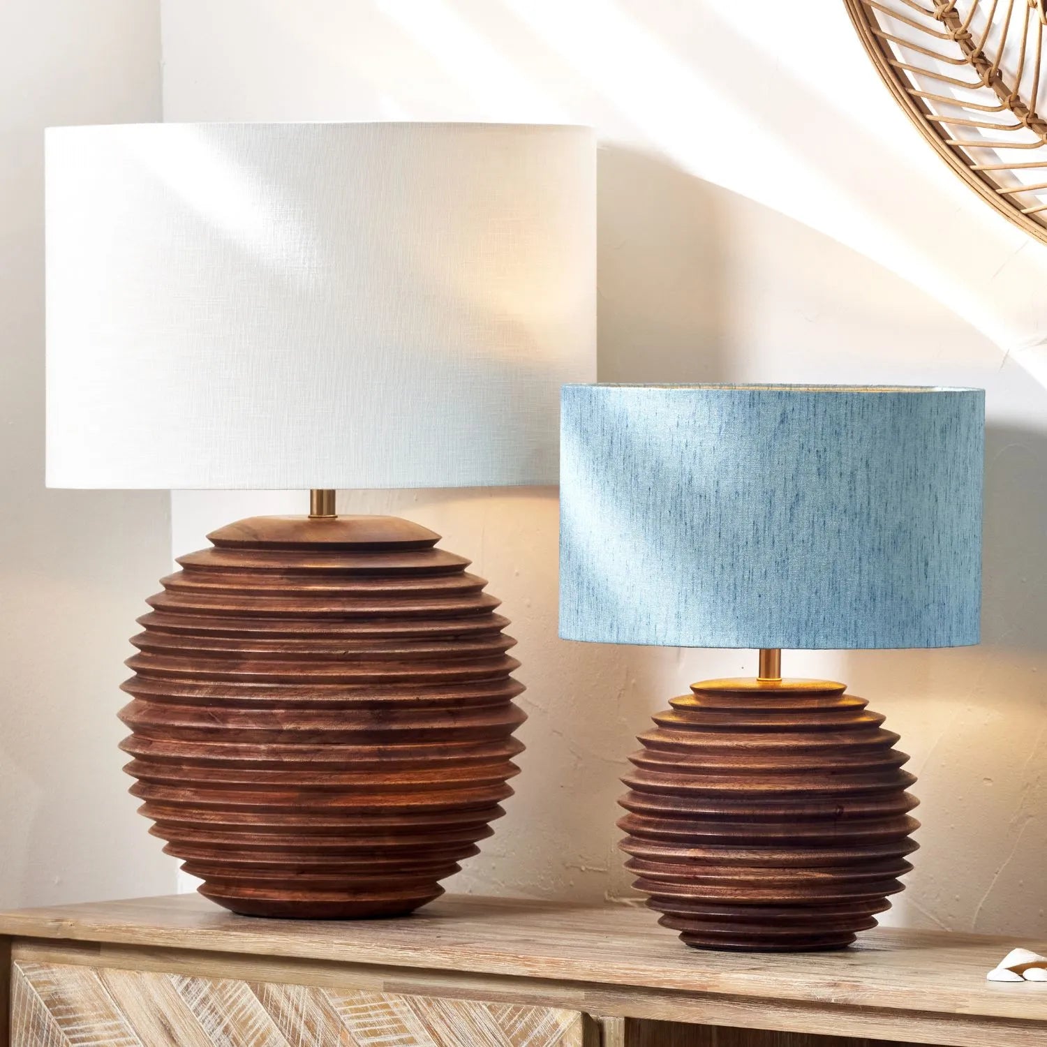 Large Rustic Brown-Washed Mango Wood Table Lamp Base with Hand-Turned Sculpted Tiers – Rounded Wooden Light Base 38x30x30cm - Click Style