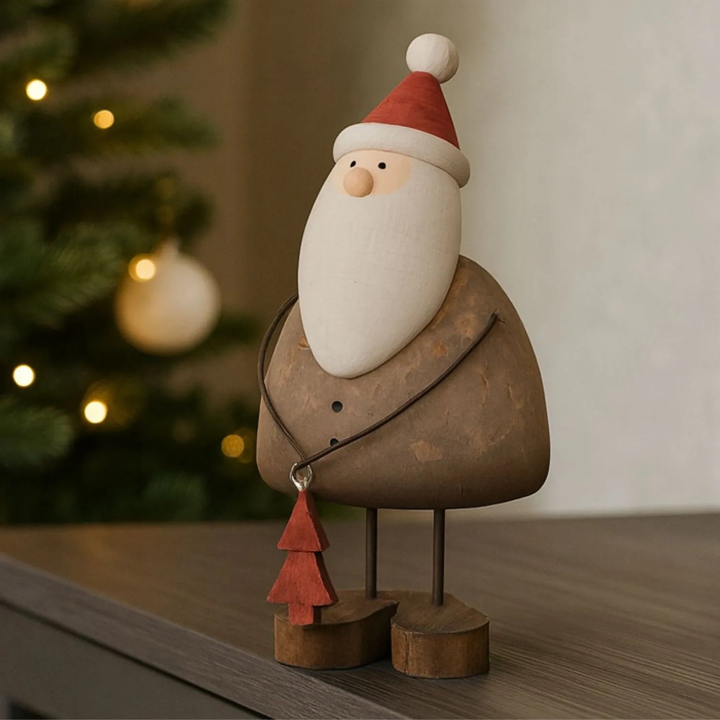 Two rustic wooden & metal Father Christmas ornaments with red hats and tree gifts styled in a modern UK Christmas home | Click Style
