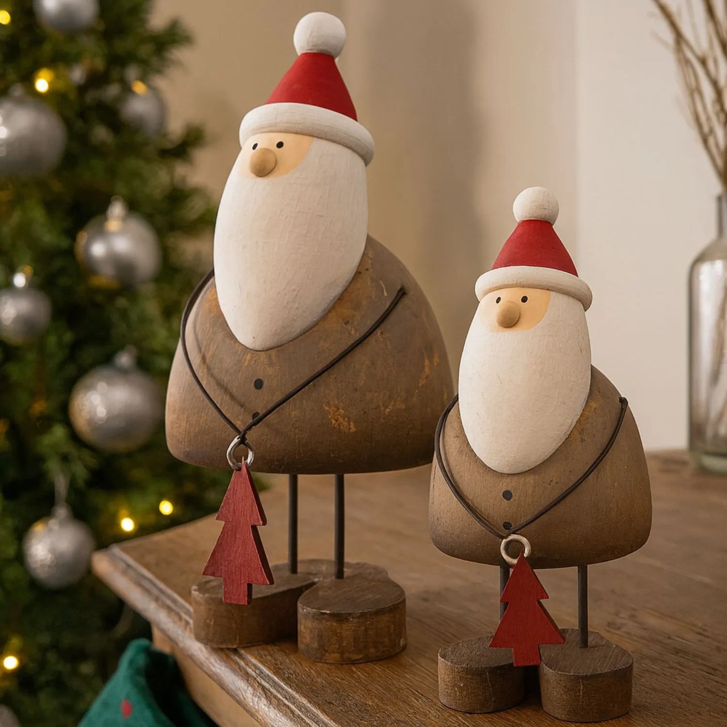 Two rustic wooden & metal Father Christmas ornaments with red hats and tree gifts styled in a modern UK Christmas home | Click Style
