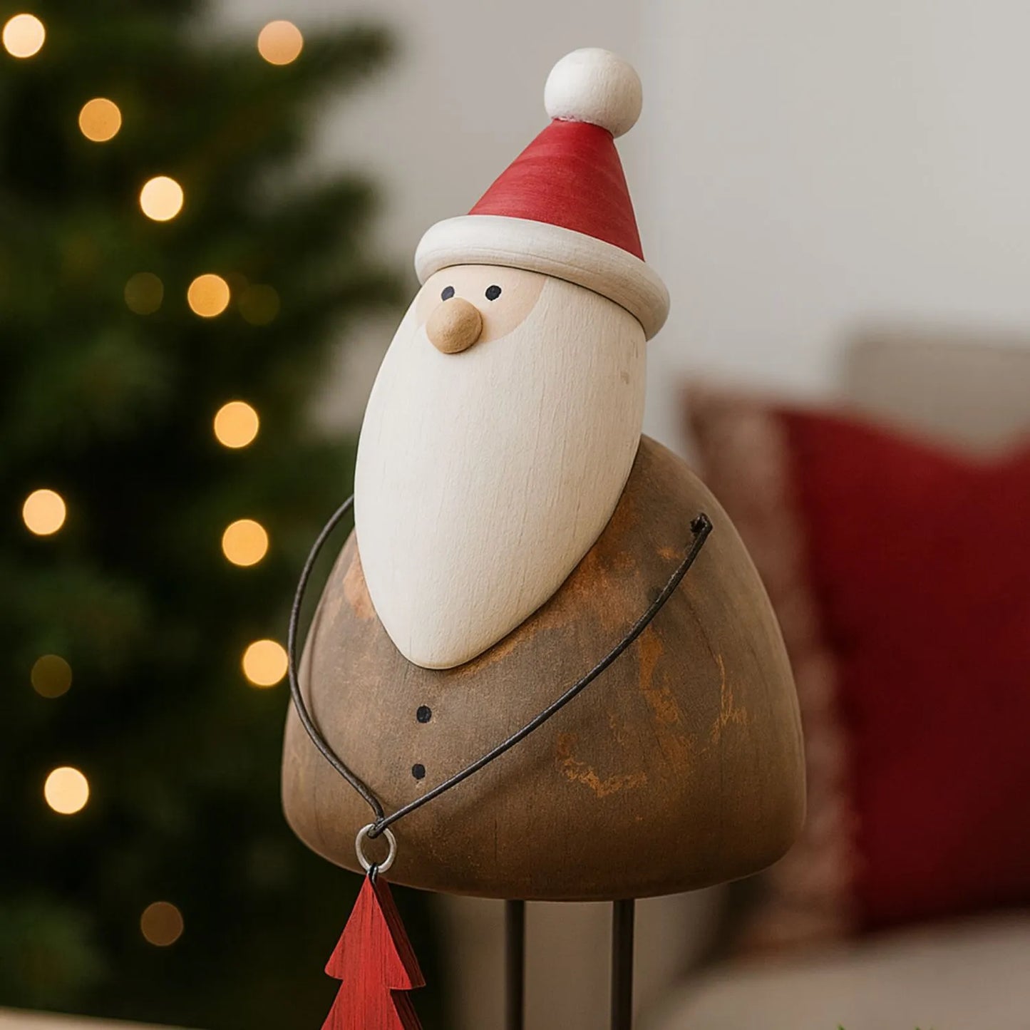 Two rustic wooden & metal Father Christmas ornaments with red hats and tree gifts styled in a modern UK Christmas home | Click Style