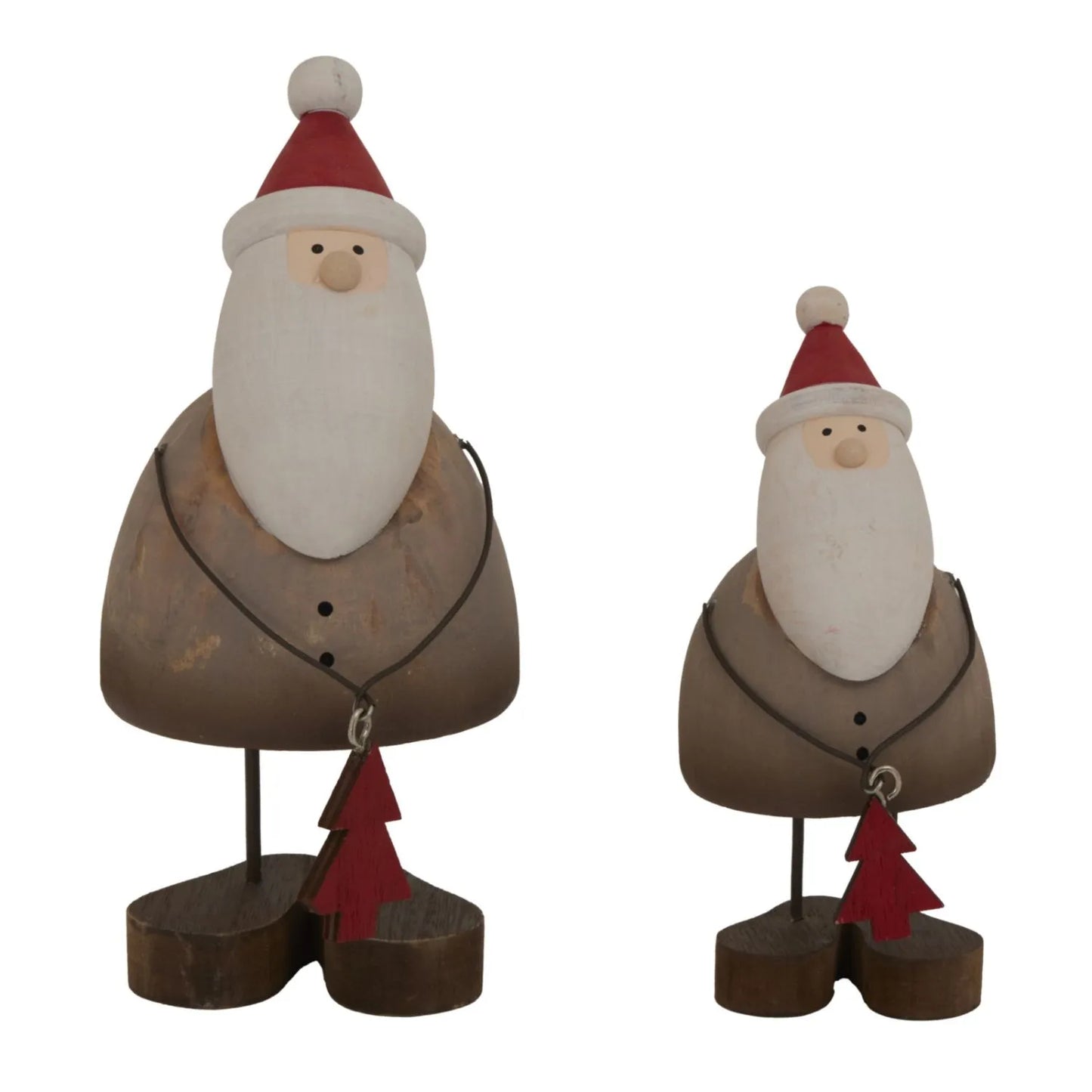 Two rustic wooden & metal Father Christmas ornaments with red hats and tree gifts styled in a modern UK Christmas home | Click Style
