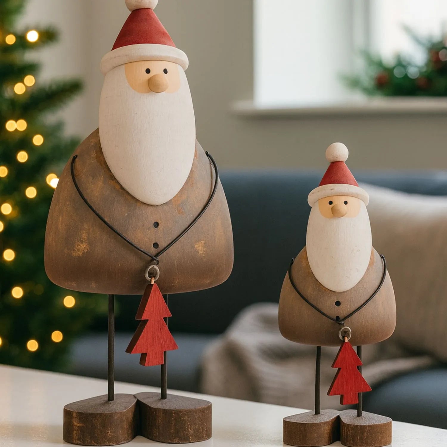 Two rustic wooden & metal Father Christmas ornaments with red hats and tree gifts styled in a modern UK Christmas home | Click Style