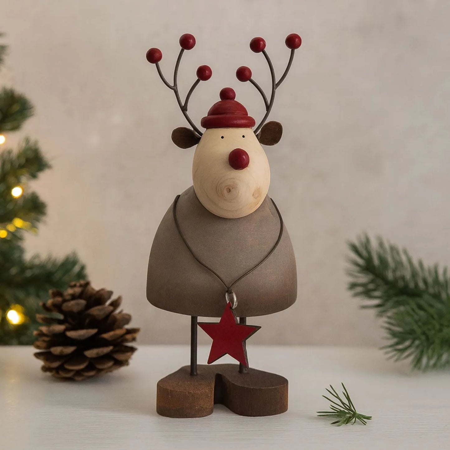 Large & Small Rustic Standing Wooden & Metal Reindeer Ornaments with Red Bobble Hats & Star Pendants – Weathered Scandi Festive Christmas Decorations | Click Style