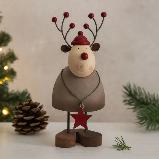 Large & Small Rustic Standing Wooden & Metal Reindeer Ornaments with Red Bobble Hats & Star Pendants – Weathered Scandi Festive Christmas Decorations | Click Style
