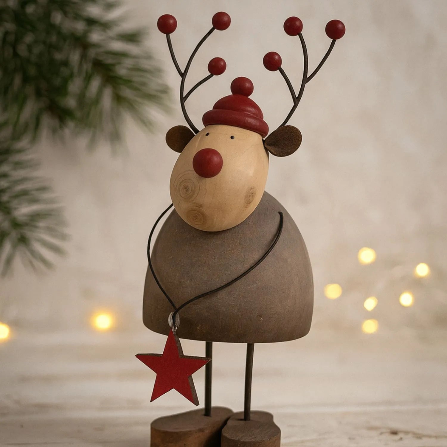 Large & Small Rustic Standing Wooden & Metal Reindeer Ornaments with Red Bobble Hats & Star Pendants – Weathered Scandi Festive Christmas Decorations | Click Style