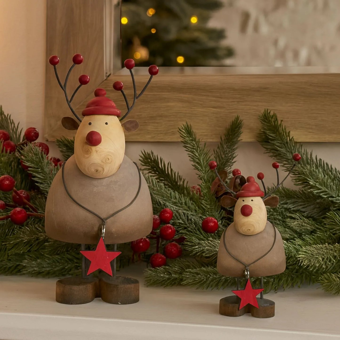 Large & Small Rustic Standing Wooden & Metal Reindeer Ornaments with Red Bobble Hats & Star Pendants – Weathered Scandi Festive Christmas Decorations | Click Style