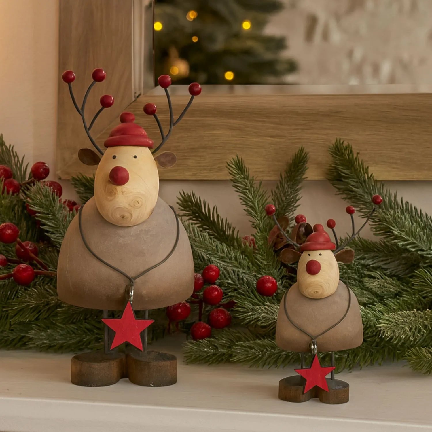 Large & Small Rustic Standing Wooden & Metal Reindeer Ornaments with Red Bobble Hats & Star Pendants – Weathered Scandi Festive Christmas Decorations | Click Style