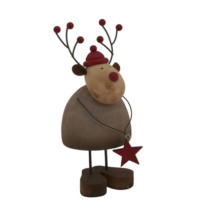 Large & Small Rustic Standing Wooden & Metal Reindeer Ornaments with Red Bobble Hats & Star Pendants – Weathered Scandi Festive Christmas Decorations | Click Style