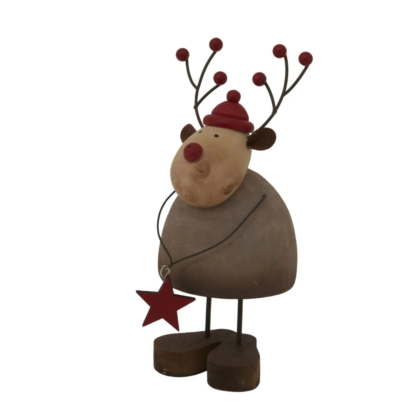 Large & Small Rustic Standing Wooden & Metal Reindeer Ornaments with Red Bobble Hats & Star Pendants – Weathered Scandi Festive Christmas Decorations | Click Style