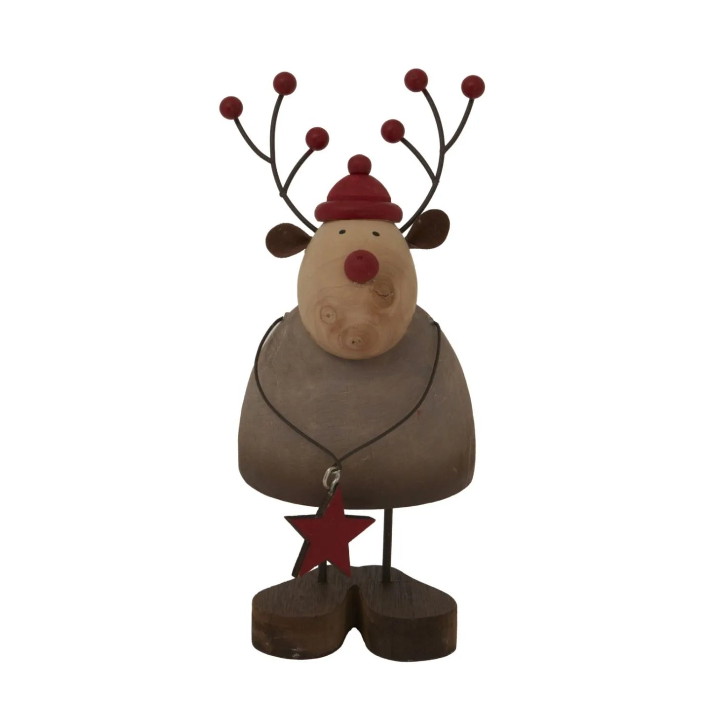 Large & Small Rustic Standing Wooden & Metal Reindeer Ornaments with Red Bobble Hats & Star Pendants – Weathered Scandi Festive Christmas Decorations | Click Style
