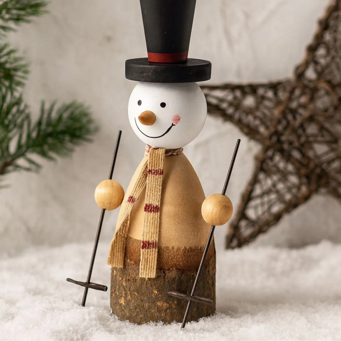 Large Rustic Standing Wooden & Metal Snowman Ornaments with Top Hats & Ski Poles – Weathered Scandi Festive Christmas Decorations 20x12x6cm & 14x8x6cm | Click Style