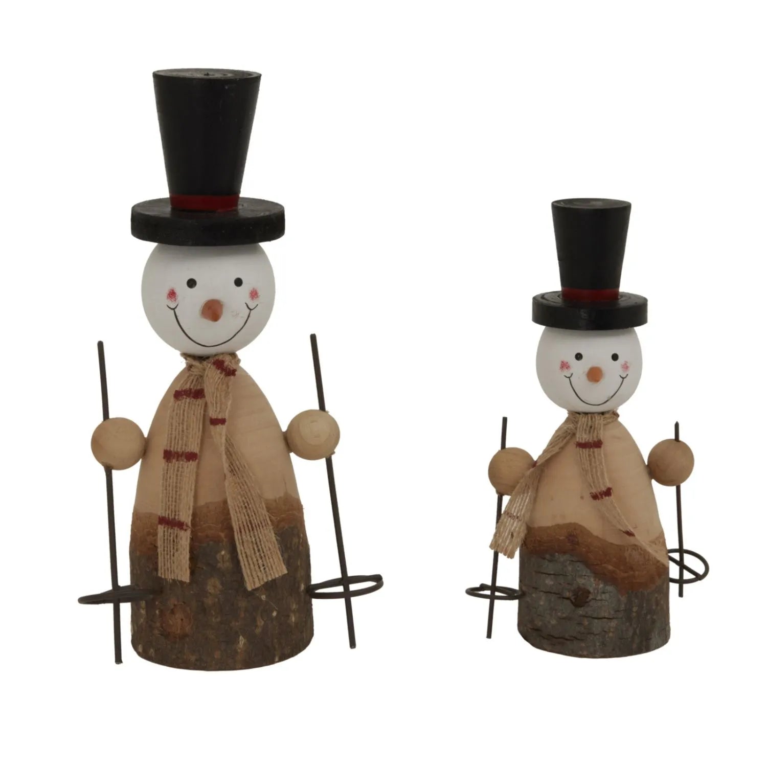 Large Rustic Standing Wooden & Metal Snowman Ornaments with Top Hats & Ski Poles – Weathered Scandi Festive Christmas Decorations 20x12x6cm & 14x8x6cm | Click Style