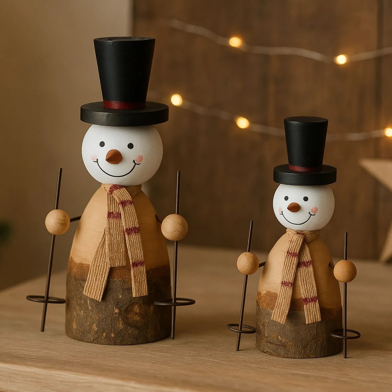 Large Rustic Standing Wooden & Metal Snowman Ornaments with Top Hats & Ski Poles – Weathered Scandi Festive Christmas Decorations 20x12x6cm & 14x8x6cm | Click Style