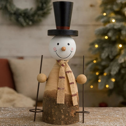 Large Rustic Standing Wooden & Metal Snowman Ornaments with Top Hats & Ski Poles – Weathered Scandi Festive Christmas Decorations 20x12x6cm & 14x8x6cm | Click Style