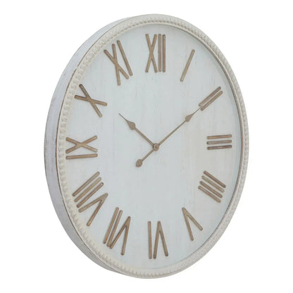 Large Rustic White Wooden Round Wall Clock with Beaded Frame & Roman Numerals – Shabby Chic Style 80x80x7cm - Click Style