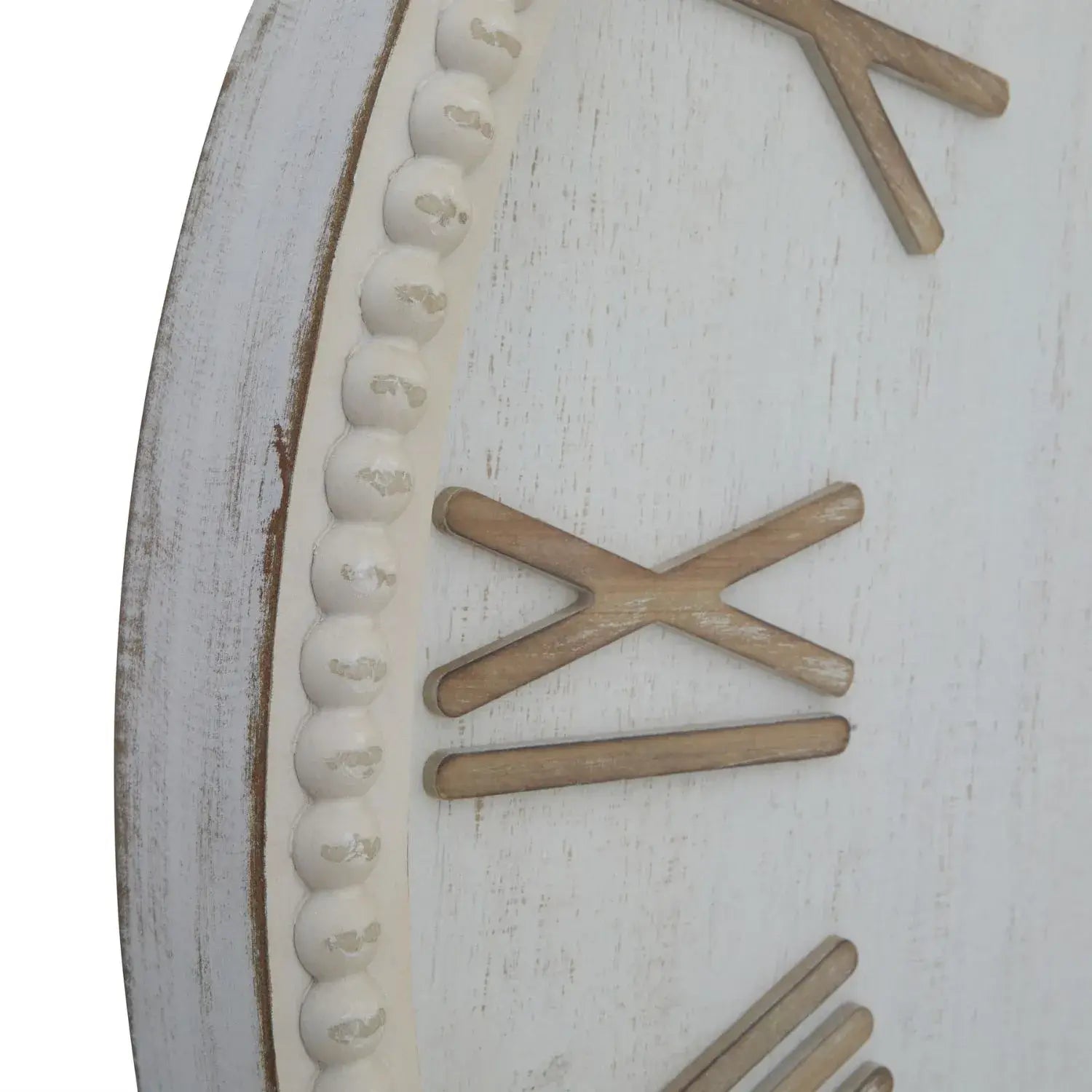 Large Rustic White Wooden Round Wall Clock with Beaded Frame & Roman Numerals – Shabby Chic Style 80x80x7cm - Click Style