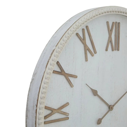 Large Rustic White Wooden Round Wall Clock with Beaded Frame & Roman Numerals – Shabby Chic Style 80x80x7cm - Click Style