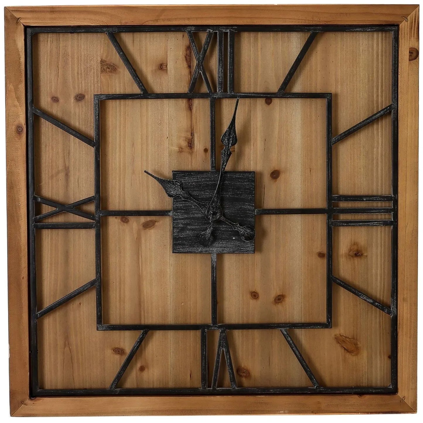 Large Square Wooden Wall Clock with Black Metal Roman Numerals & Hands 90x90x5cm - Click Style