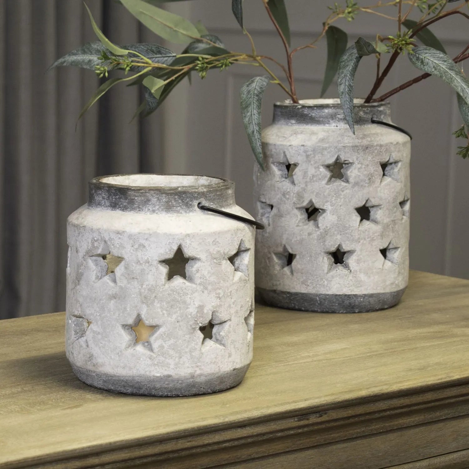 Large Stone-Coloured Ceramic Star Cutout Lantern – Rustic Candle Holder for Home Decor 23x18cm - Click Style