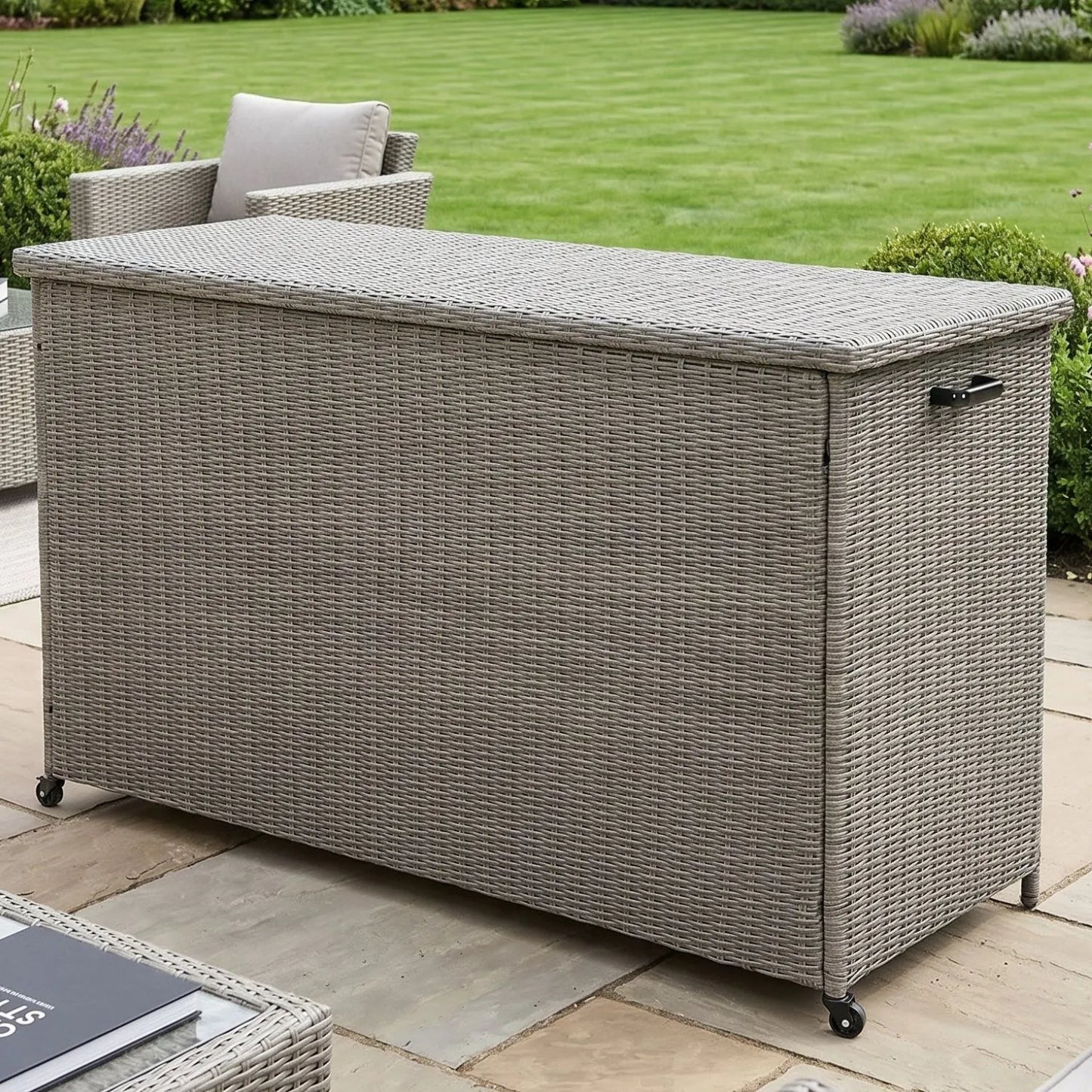 Large Slate Grey Rattan Effect Garden Cushion Storage Box 1000L Weatherproof Outdoor Cushion Storage Box with Gas Piston Assisted Lid, Wheels, Rustproof Aluminium Frame & PE Rattan Weave | Click Style