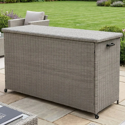Large Slate Grey Rattan Effect Garden Cushion Storage Box 1000L Weatherproof Outdoor Cushion Storage Box with Gas Piston Assisted Lid, Wheels, Rustproof Aluminium Frame & PE Rattan Weave | Click Style