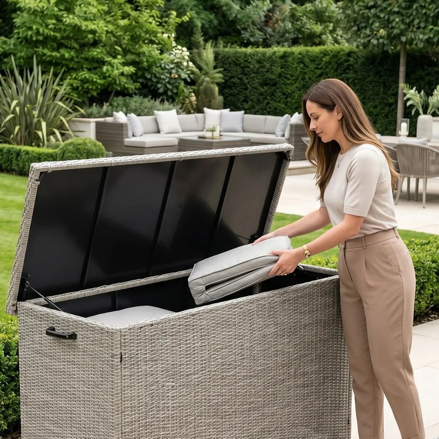 Large Stone Grey Rattan Effect Garden Cushion Storage Box 1000L Weatherproof Outdoor Garden Cushion Storage Box with Gas Piston Assisted Lid, Wheels, Rustproof Aluminium Frame & PE Rattan Weave | Click Style