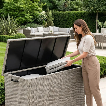 Large Stone Grey Rattan Effect Garden Cushion Storage Box 1000L Weatherproof Outdoor Garden Cushion Storage Box with Gas Piston Assisted Lid, Wheels, Rustproof Aluminium Frame & PE Rattan Weave | Click Style