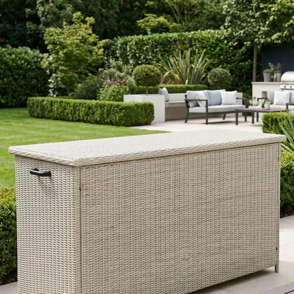 Large Stone Grey Rattan Effect Garden Cushion Storage Box 1000L Weatherproof Outdoor Garden Cushion Storage Box with Gas Piston Assisted Lid, Wheels, Rustproof Aluminium Frame & PE Rattan Weave | Click Style