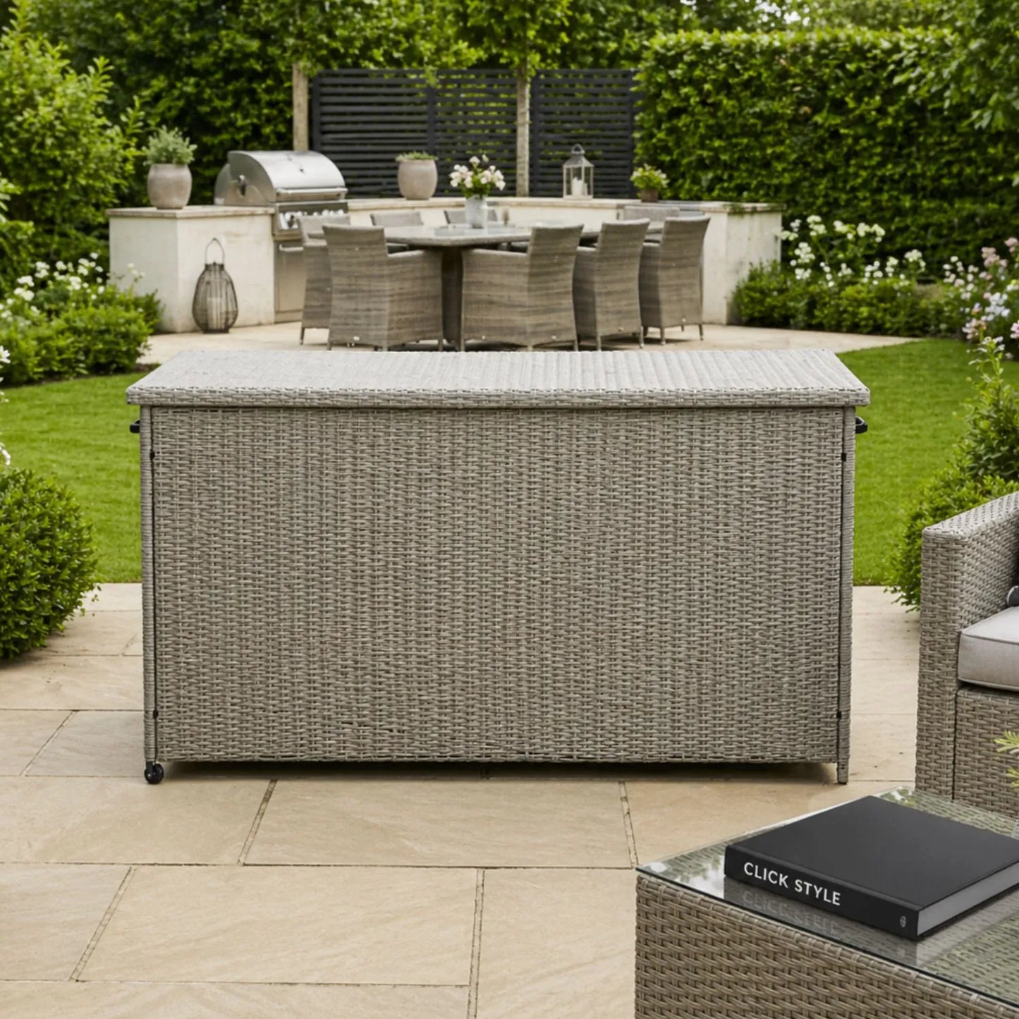 Large Stone Grey Rattan Effect Garden Cushion Storage Box 1000L Weatherproof Outdoor Garden Cushion Storage Box with Gas Piston Assisted Lid, Wheels, Rustproof Aluminium Frame & PE Rattan Weave | Click Style