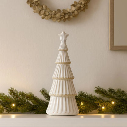 Large White Snowy Ceramic Layered Christmas Tree Ornament with Star Topper – Festive Decorative Ornament 33x11x11cm | Click Style