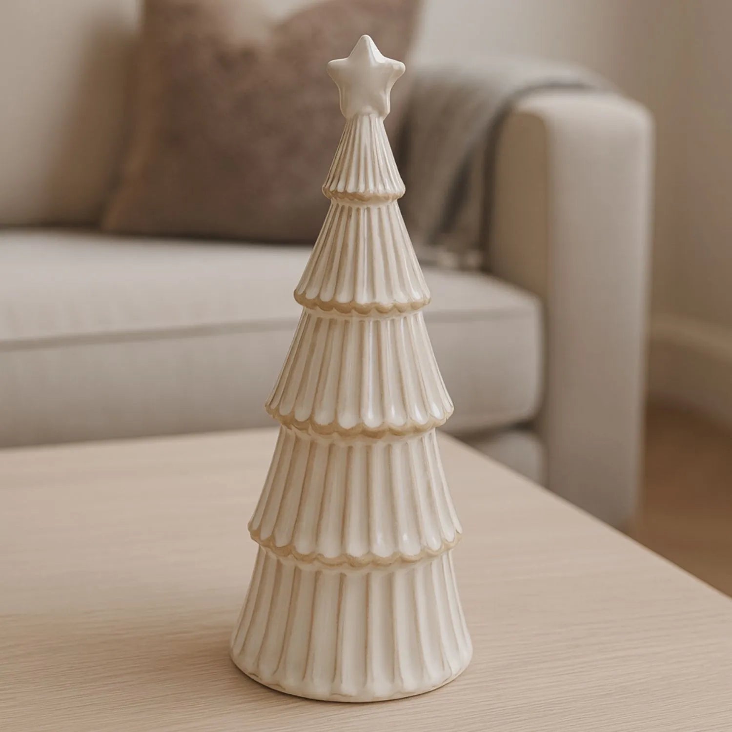 Large White Snowy Ceramic Layered Christmas Tree Ornament with Star Topper – Festive Decorative Ornament 33x11x11cm | Click Style