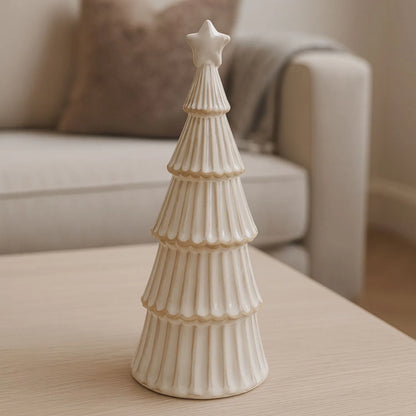 Large White Snowy Ceramic Layered Christmas Tree Ornament with Star Topper – Festive Decorative Ornament 33x11x11cm | Click Style
