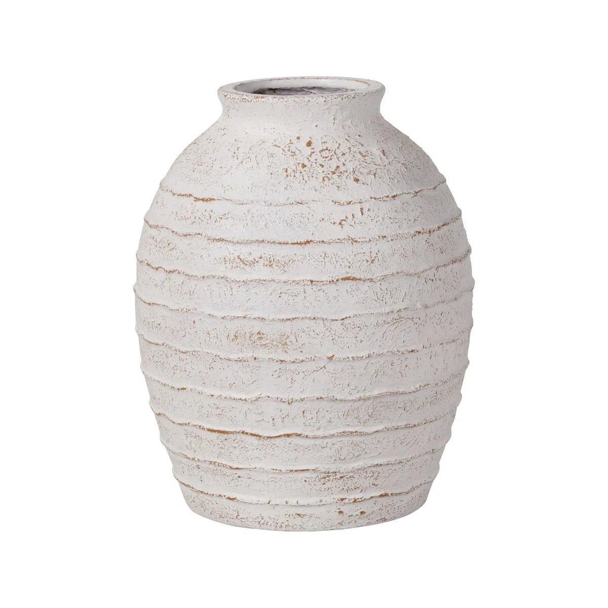 Large White Wash Fibrestone Floor Standing Vase with Ribbed Texture – Tall Distressed Stone-Effect Decorative Vase 49x38x38cm – Full Product View Showing Tall Rounded Shape | Click Style