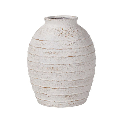 Large White Wash Fibrestone Floor Standing Vase with Ribbed Texture – Tall Distressed Stone-Effect Decorative Vase 49x38x38cm – Full Product View Showing Tall Rounded Shape | Click Style