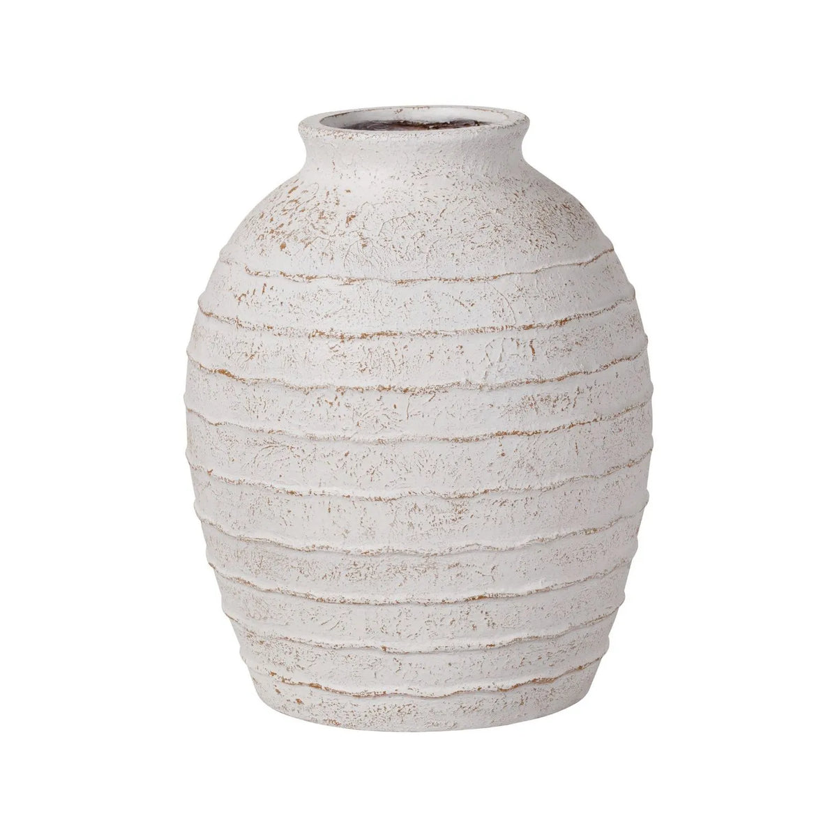 Large White Wash Fibrestone Floor Standing Vase with Ribbed Texture – Tall Distressed Stone-Effect Decorative Vase 49x38x38cm – Full Front Product View | Click Style