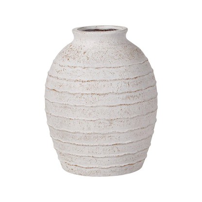 Large White Wash Fibrestone Floor Standing Vase with Ribbed Texture – Tall Distressed Stone-Effect Decorative Vase 49x38x38cm – Full Front Product View | Click Style
