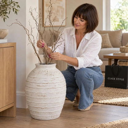 Large White Wash Fibrestone Floor Standing Vase with Ribbed Texture – Tall Distressed Stone-Effect Decorative Vase 49x38x38cm – Woman Styling with Tall Decorative Branches | Click Style
