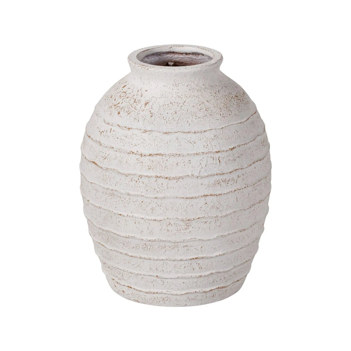 Large White Wash Fibrestone Floor Standing Vase with Ribbed Texture – Tall Distressed Stone-Effect Decorative Vase 49x38x38cm – Full Angled Product View | Click Style