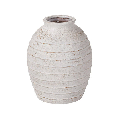 Large White Wash Fibrestone Floor Standing Vase with Ribbed Texture – Tall Distressed Stone-Effect Decorative Vase 49x38x38cm – Full Angled Product View | Click Style