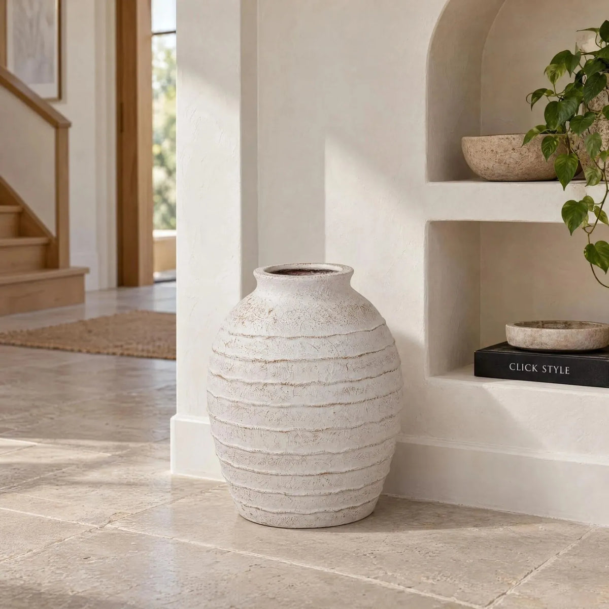 Large White Wash Fibrestone Floor Standing Vase with Ribbed Texture – Tall Distressed Stone-Effect Decorative Vase 49x38x38cm – Architectural Alcove Lifestyle | Click Style