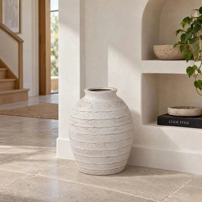 Large White Wash Fibrestone Floor Standing Vase with Ribbed Texture – Tall Distressed Stone-Effect Decorative Vase 49x38x38cm – Architectural Alcove Lifestyle | Click Style