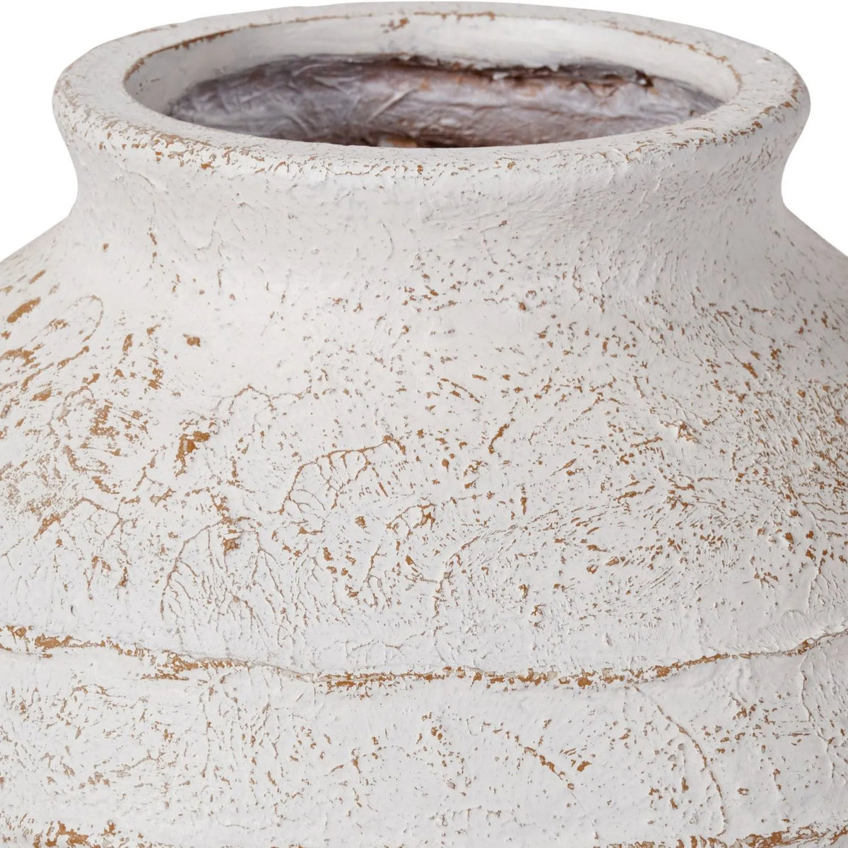 Large White Wash Fibrestone Floor Standing Vase with Ribbed Texture – Tall Distressed Stone-Effect Decorative Vase 49x38x38cm – Opening Rim & Upper Texture Close-Up | Click Style
