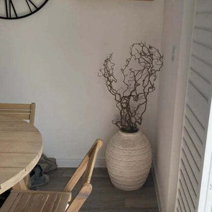 Large White Wash Fibrestone Floor Standing Vase with Ribbed Texture – Tall Distressed Stone-Effect Decorative Vase 49x38x38cm – Customer Home with Tall Twisted Decorative Branches | Click Style