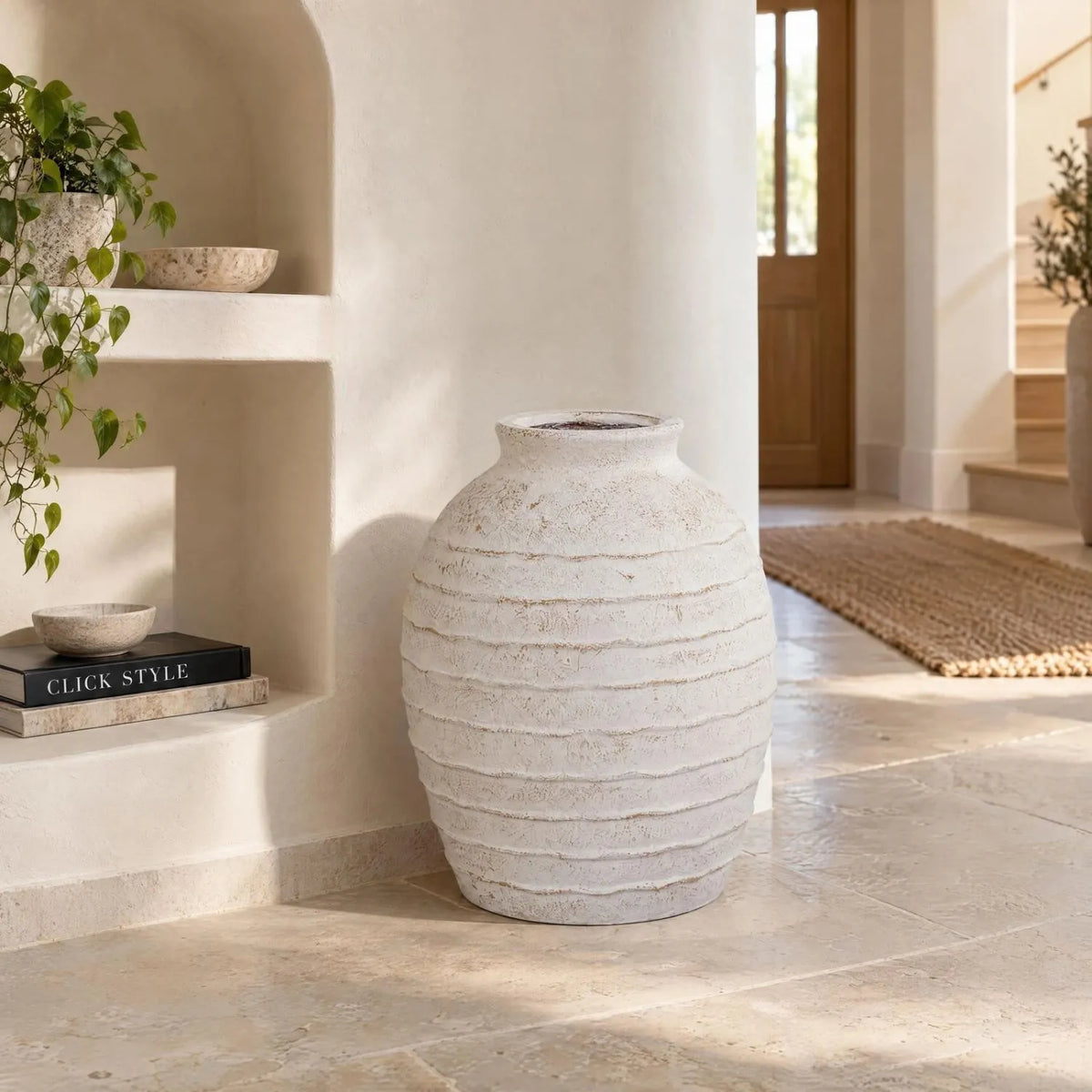 Large White Wash Fibrestone Floor Standing Vase with Ribbed Texture – Tall Distressed Stone-Effect Decorative Vase 49x38x38cm – Sunlit Architectural Hallway Lifestyle | Click Style