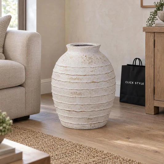 Large White Wash Fibrestone Floor Standing Vase with Ribbed Texture – Tall Distressed Stone-Effect Decorative Vase 49x38x38cm – Neutral Living Room Lifestyle | Click Style